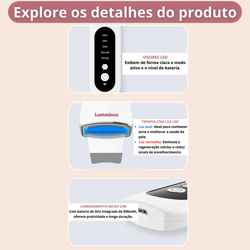 Limpador Facial Ultrassônico Recarregável para Limpeza Profunda e Lifting – Peeling + Terapia LED – Para Todos os Tipos de Pele - DermaGlow