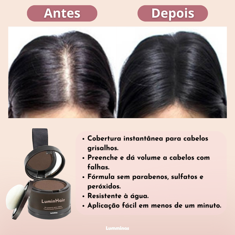 Maquiagem Capilar em Pó para Cobrir Cabelos Brancos e Falhas – Resistente à Água – LuminHair